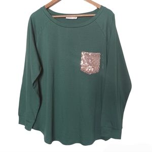 Nemidor Women's Green Gold Sequin Pocket Plus Size 1XL Long Sleeve Top